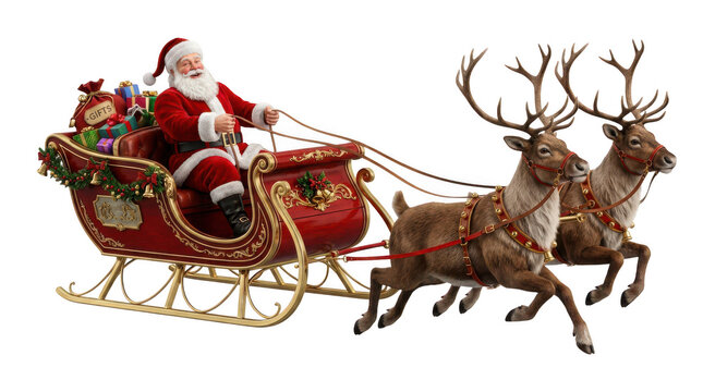 Santa claus riding a red sleigh pulled by two reindeer isolated on transparent background