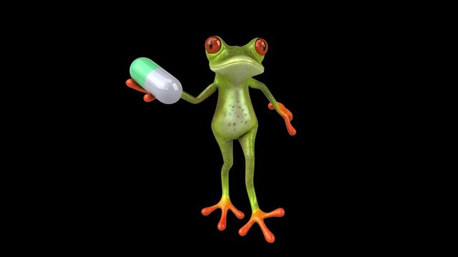 Fun 3D cartoon frog with a pill (with alpha channel)