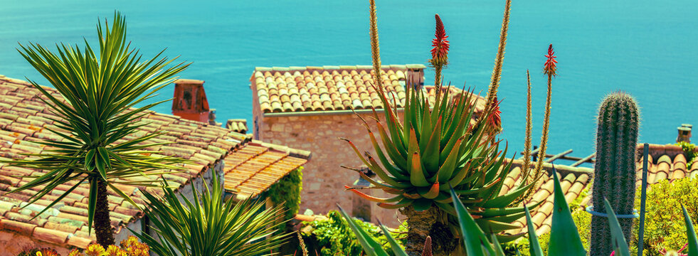 Old houses with tiled roofs on the background of the sea