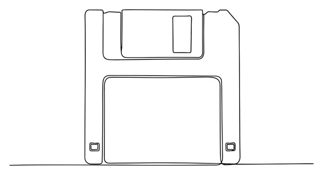 Retro floppy disk for data storage and computer hardware in minimalist continuous line art style