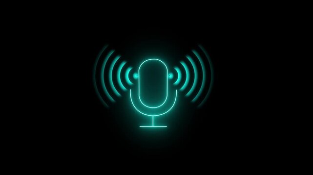 Modern glowing microphone icon with sound waves on dark background