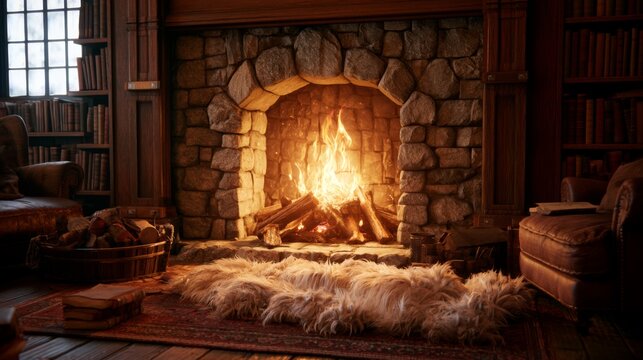Cozy fireplace with warm flames in a rustic wooden room