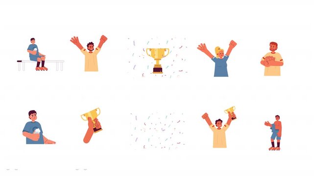 Sports victory and rest cartoon animation pack. Celebrating success with confetti. Athletes raising trophies and cheering animated flat 4K video collection isolated on transparent background