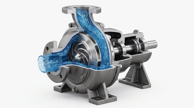 Centrifugal water pump cross section showing internal fluid flow.