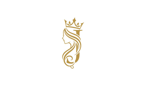 Elegant initial letter J logo design in luxury gold combining a beautiful woman profile with a queen crown.