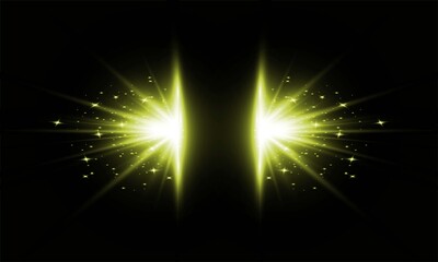 Abstract background with two glowing yellow light bursts on a dark black backdrop with particles © jharna