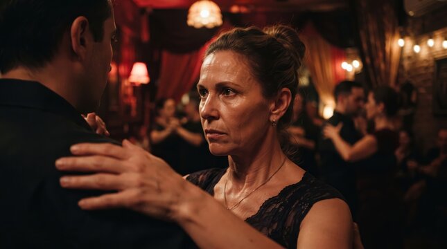Mature woman dancing tango with man in dark milonga hall. Couple in close embrace at evening dance event with warm lights and other dancers behind.