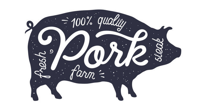 Pig, pork, lettering. Silhouette pig, lettering Pork meat. Pig store, pork market, meat production. Farm butcher graphic arts style, symbol sign design. Vector Illustration