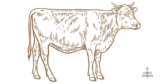 Cow, bull, beef. Retro style beef bull sketch, vintage cow drawing black white, old ink pencil artwork. Bull silhouette, side view cow profile, engraved beef print. Vector Illustration