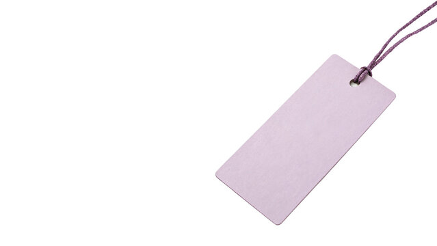 Blank minimalist purple paper gift price tag with string isolated on transparent background.