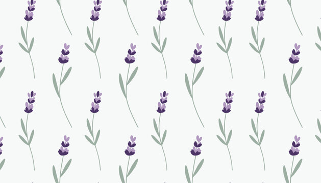 Beautiful delicate seamless vector pattern of purple lavender flower sprigs isolated on a clean light gray background.