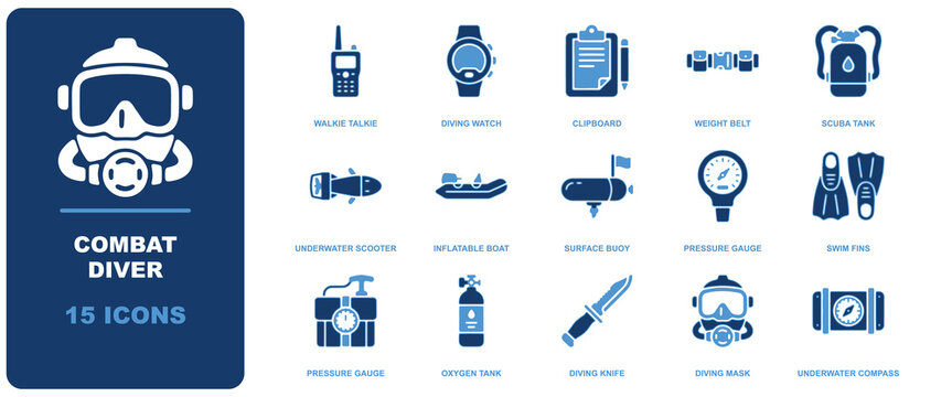Combat diver icon sheet featuring scuba gear, underwater navigation tools, diving mask, oxygen tank, fins, and tactical equipment in blue style