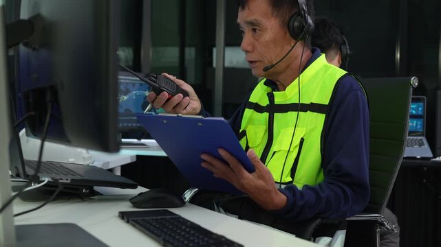 logistics operator team using GPS radar and real-time fleet management dashboard on computer.