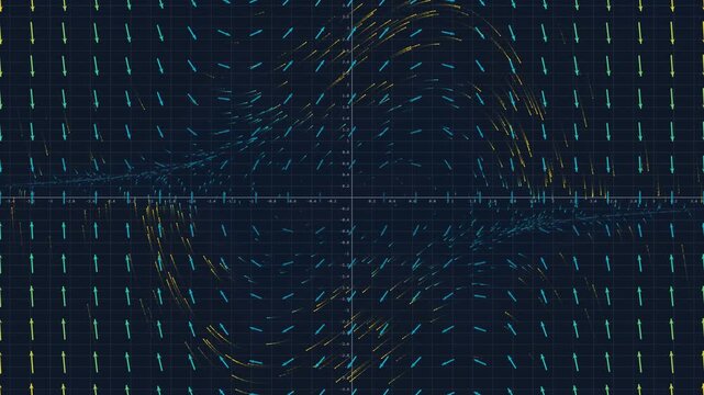 Mathematical Vector Field of Van der Pol Oscillator on Dark Blue Coordinate Grid, Abstract Dynamic Streamlines and Differential Equations for Science and Tech Visualization