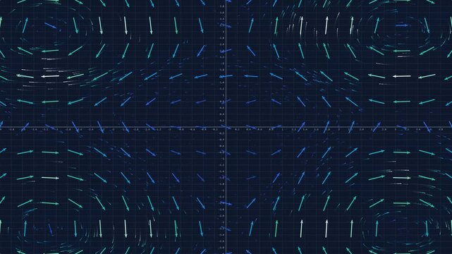 Vector Field Simulation on Blue Coordinate Grid with Flowing Direction Arrows for Data Science, Fluid Dynamics, Machine Learning and Physics Background