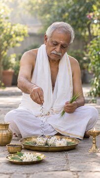 Senior indian man sitting outdoors performing pitru paksha pind daan ritual sprinkling black sesame seeds on pinda rice offering
