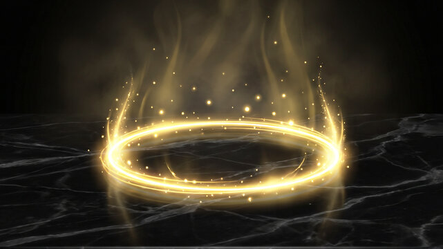 Golden light ring 3D render, glowing circle portal with smoke and magic sparks on black marble background