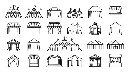 Event tent and outdoor festival thin line icon set featuring circus marquee carnival pavilion canopy and trade show booth for marketing promotion © Halima