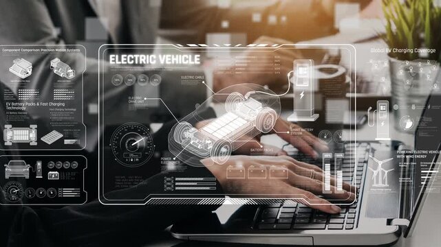 Technical layout of electric vehicle showing battery system, power control, traction motor, charging interface, and integration with renewable and smart energy sources Marrow