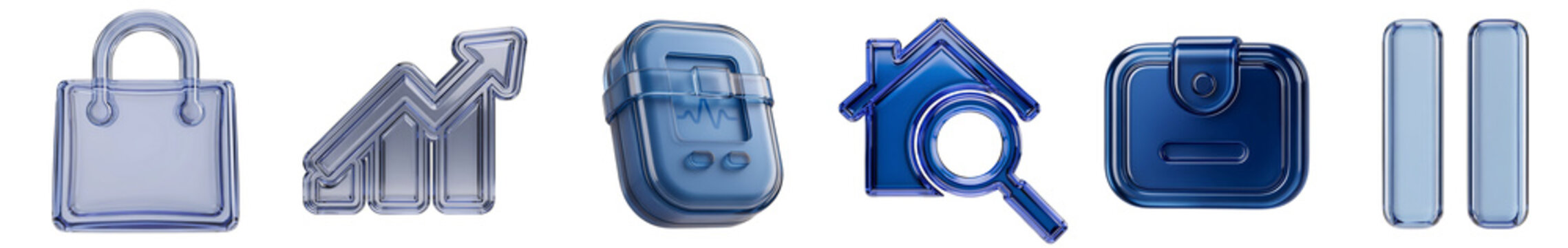 bag, chart, pack, house, wallet, pause 3d icon set
