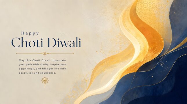 Abstract Golden Liquid Waves with Gold Sparkles on Dark Blue Background Graphic Illustration for Happy Choti Diwali Festival Luxury Greeting Banner Background