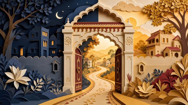 Paper Cut Ancient Indian City Gate Transitioning from Night to Day Graphic Illustration for Happy Choti Diwali Festival Cultural Greeting Banner Background