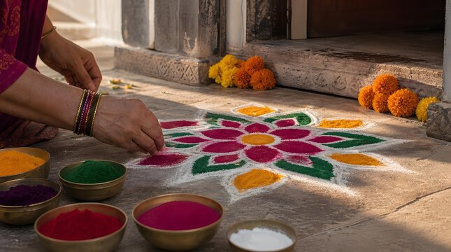 Woman Hands Making Flower Rangoli Pattern with Colorful Powder Bowls Graphic Illustration for Happy Choti Diwali Festival Traditional Greeting Banner Background