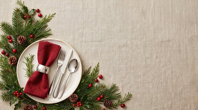 Festive christmas table setting with pine branches and red ribbon on a brick wall background