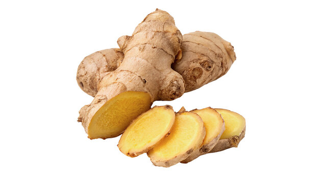 Fresh organic ginger root whole and cut slices isolated on transparent background.