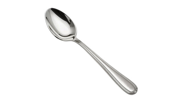Single clean metallic silver stainless steel soup spoon isolated on transparent background.