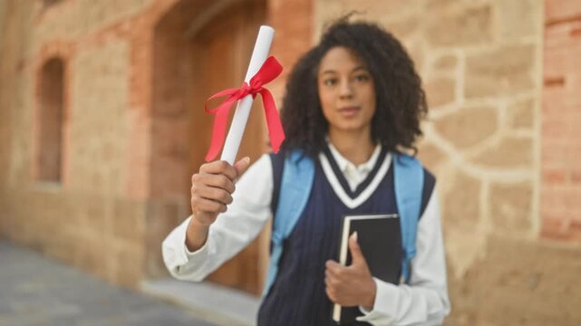 Young woman student holds rolled diploma with red ribbon and book, hand gripping diploma, smiles at camera in building entrance; pride achievement.