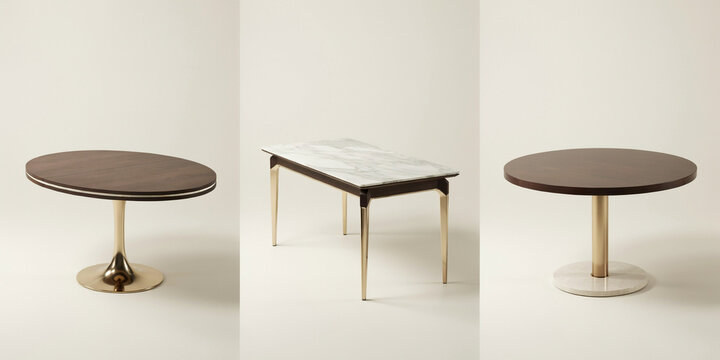 Three modern tables with round and rectangular tops and metallic gold bases