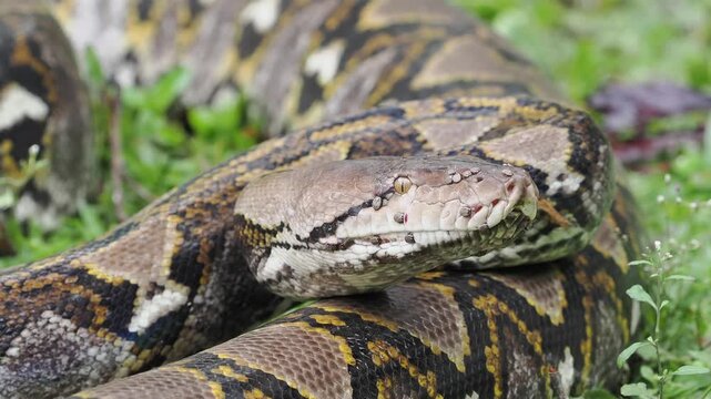 Reticulated python on the grass coiled low to the ground amidst green plants and foliage.