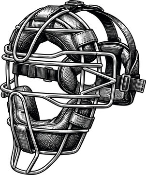 A baseball catcher helmet with a steel wire face cage padded chin guard and adjustable straps shown from the side drawn in detailed vintage engraving style on a plain white background