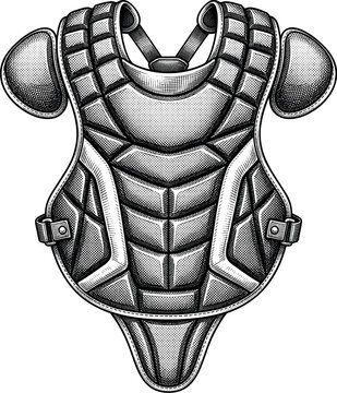 A baseball catcher chest protector with padded segmented panels shoulder pads and side straps shown from the front drawn in detailed vintage engraving style on a plain white background