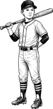 A young boy in a baseball uniform and cap stands holding a wooden bat over his shoulder and looking to the side drawn in detailed vintage engraving style on a plain white background