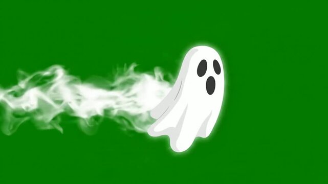 Cute cartoon ghost flying with smoke trail on green screen, halloween animation overlay for creative projects