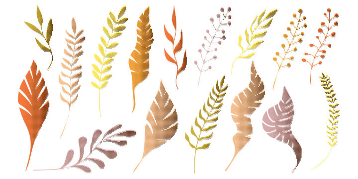 Hand drawn plant elements, leaves and vegetation, noisy texture, isolated on a white background, vector design