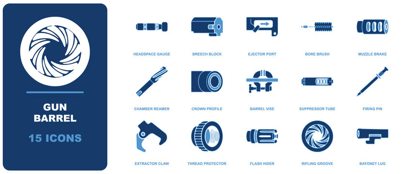 Gun barrel component icon set, 15 blue of firearms parts including firing pin, muzzle brake, rifling groove, and chamber reamer