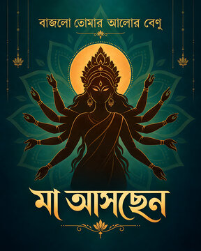 Stylized goddess durga silhouette with multiple arms and golden bengali typography on teal background celebrating mahalaya and durga puja festive devotion tradition