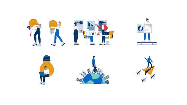 Business innovation and analytics cartoon doodle animation pack. Data analysis. Creative ideas. Project launch. Corporate employees animated flat 4K video collection isolated on transparent background