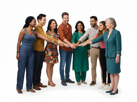 Diverse group of people stacking hands together for unity and professional collaboration