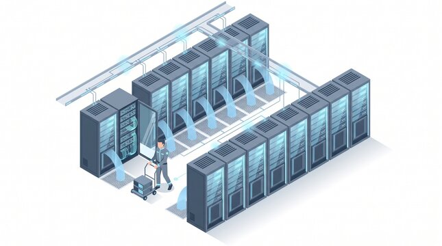 Isometric data centre hall with server rows and cooling airflow