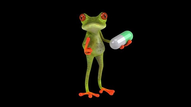 Fun 3D cartoon frog with a pill (with alpha channel)
