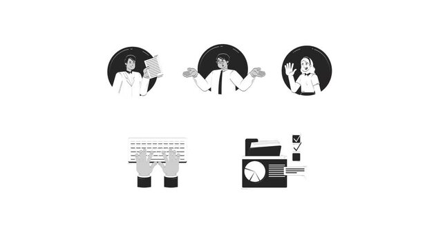 Office communication and tasks management black and white hand drawn animation pack. Typing keyboard. Diverse employees in circular avatars animated outline 4K video set on transparent background