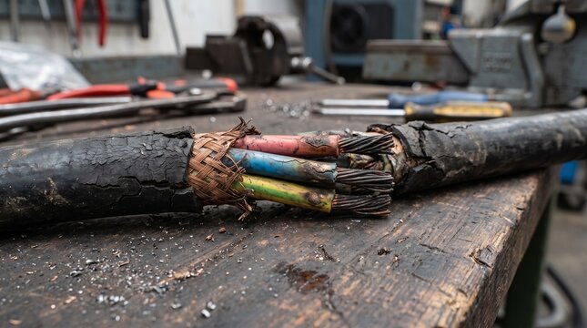Damaged electrical power cable with exposed multicolored copper wires.