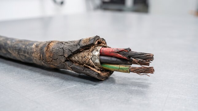Damaged electrical cable showing exposed copper wiring and insulation.