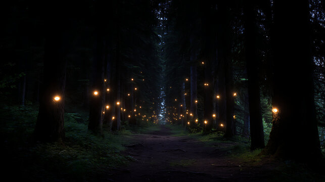 night road in the forest with magical lights