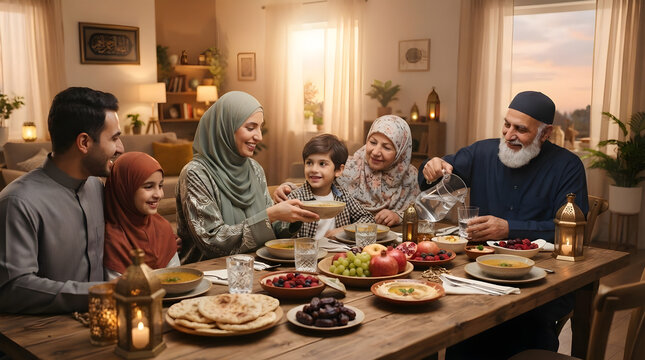 Multigenerational Muslim family enjoying Iftar dinner at sunset together at home during Ramadan