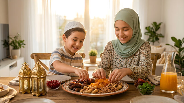 Muslim brother and sister arranging dates and fruit for Iftar table during Ramadan celebration at home